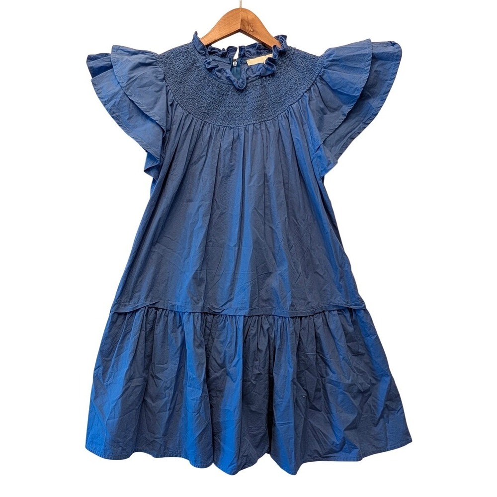 Pinch Blue Cotton Smocked Tiered Mini Dress Ruffle Flutter Sleeve 3995D Small
